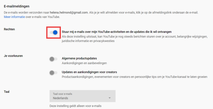 Geen e-mails van YouTube meer ontvangen